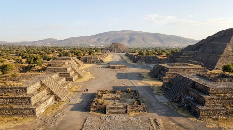 A Avenida dos Mortos organiza o centro monumental de Teotihuacan e conduz até a Pirâmide da Lua, diante do Cerro Gordo