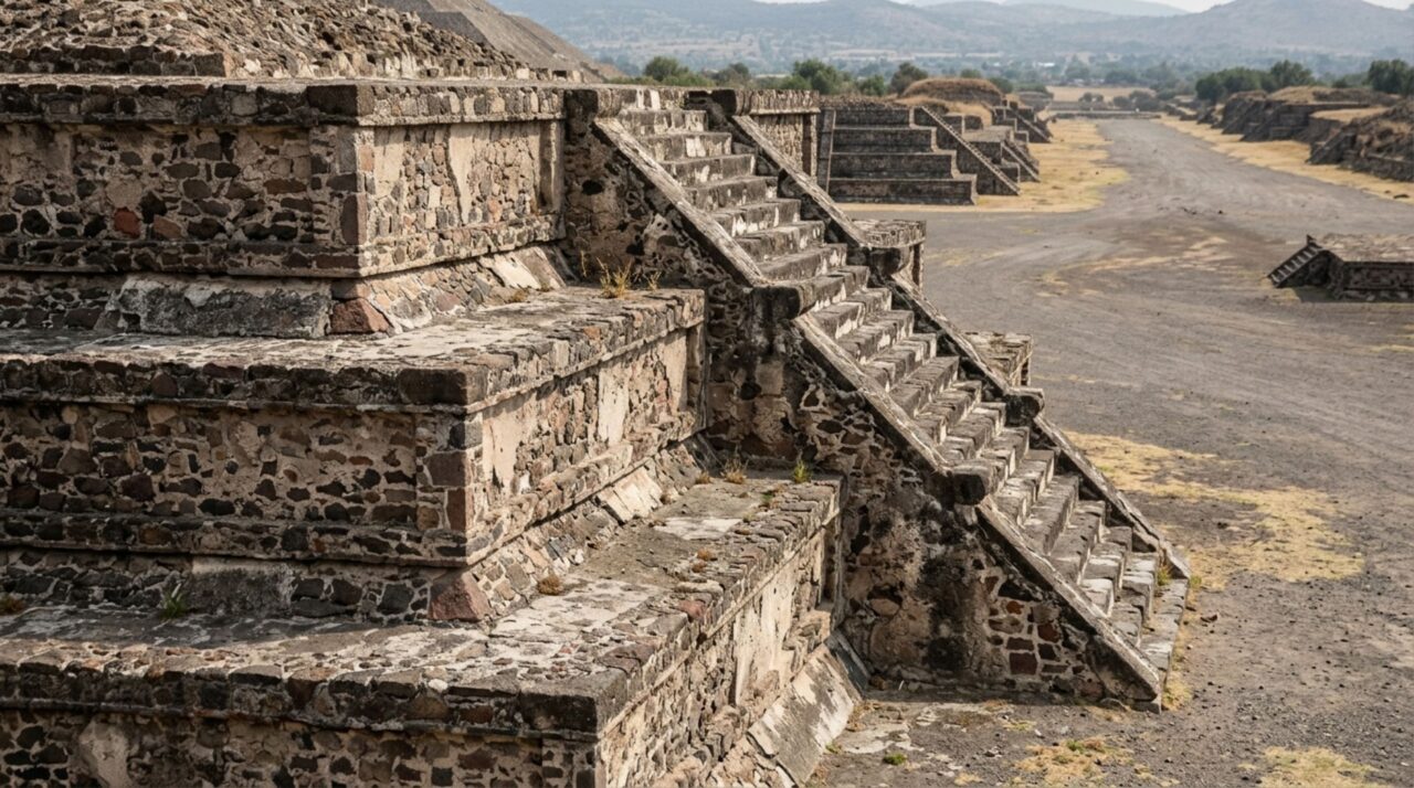 Plataformas com elementos talud-tablero revelam a organização geométrica e as técnicas construtivas utilizadas na antiga Teotihuacan
