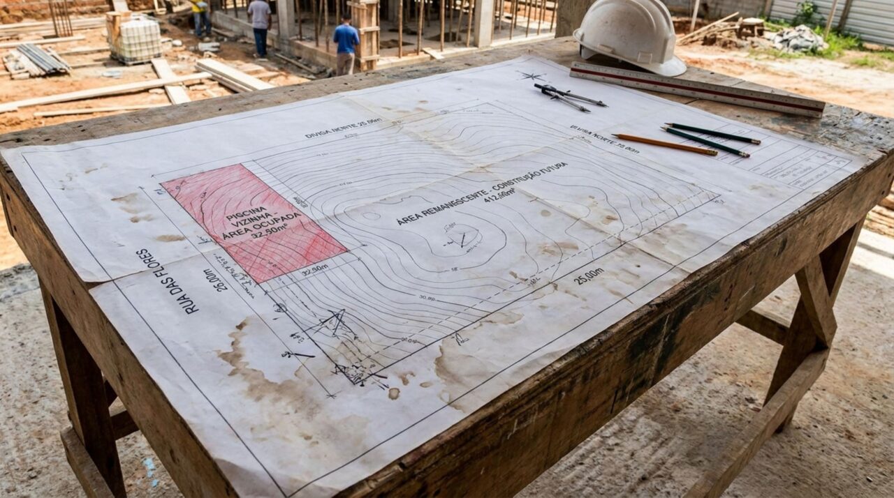Proprietário mede lote vazio antes de construir e encontra parte da piscina do vizinho dentro da área comprada, exige a devolução da faixa e recebe proposta para alterar a divisa