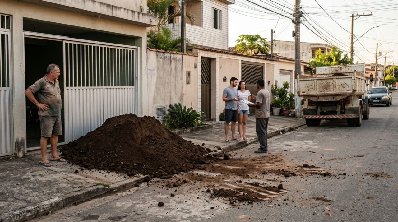 Casal encomenda terra vegetal para montar um jardim, caminhão despeja a carga sobre a entrada da garagem vizinha e morador cobra a limpeza, mas pedido de compra mostra uma orientação diferente para a descarga