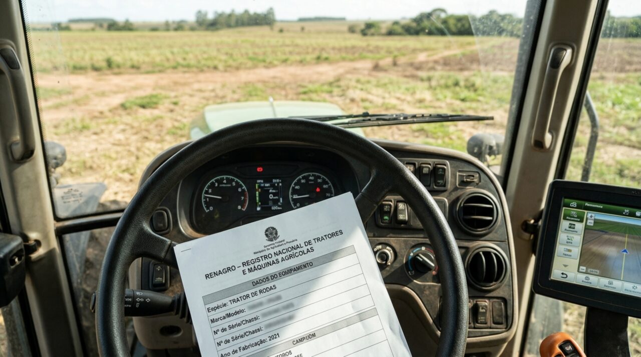 Documento de registro RENAGRO apoiado sobre o volante de um trator agrícola, com painel de instrumentos e paisagem rural ao fundo.