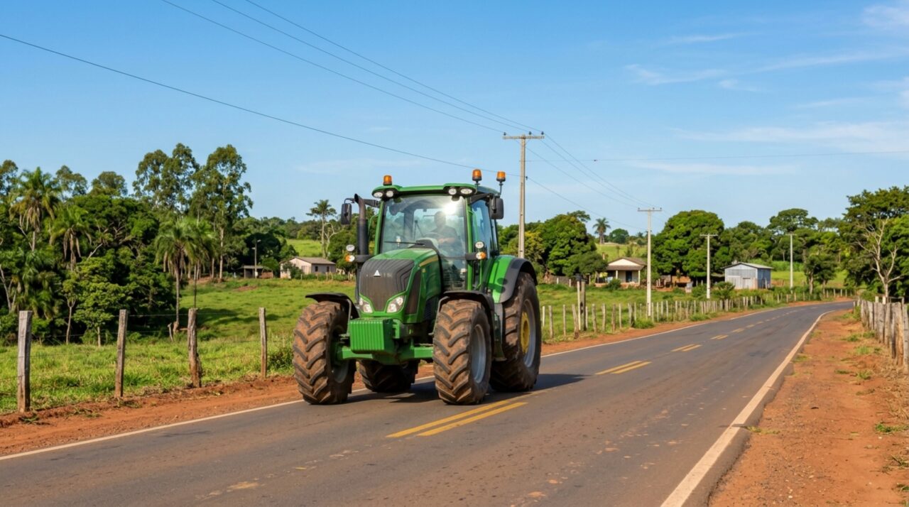 Filho herda um trator fabricado em 2021 e usa a máquina para atravessar 6 km de estrada até outra propriedade, mas descobre que circular em via pública pode exigir registro no RENAGRO mesmo sem placa convencional