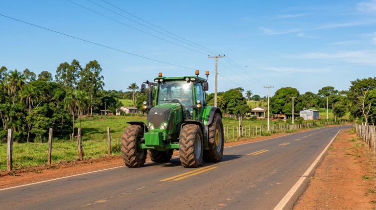 Trator agrícola verde sem placa convencional em estrada pública asfaltada, cercada por pastagens e propriedades rurais brasileiras.