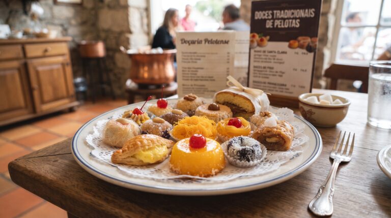 Pelotas como a capital nacional do doce e sua tradição de confeitaria portuguesa.