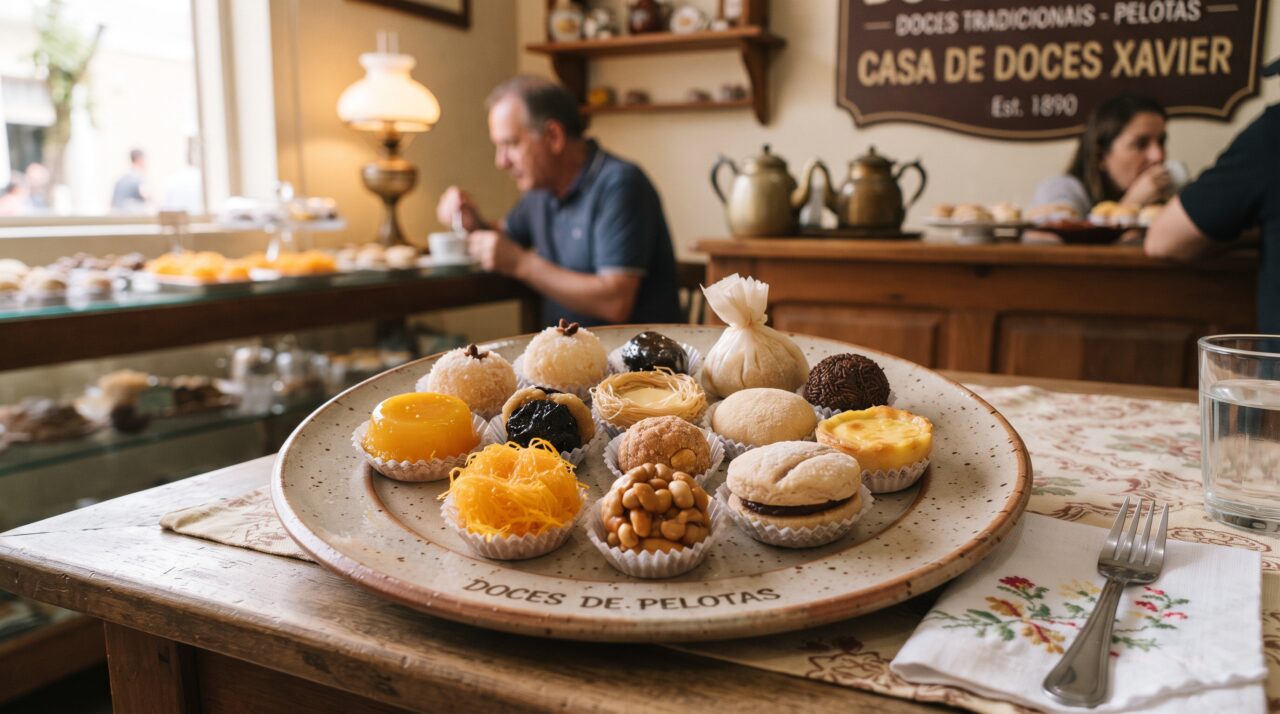 Pelotas como a capital nacional do doce e sua tradição de confeitaria portuguesa.