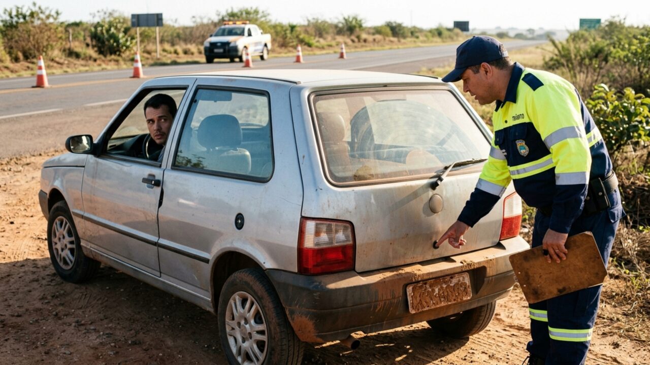 Condutor é abordado depois de sair de uma estrada de terra e a placa traseira está quase inteira coberta de lama
