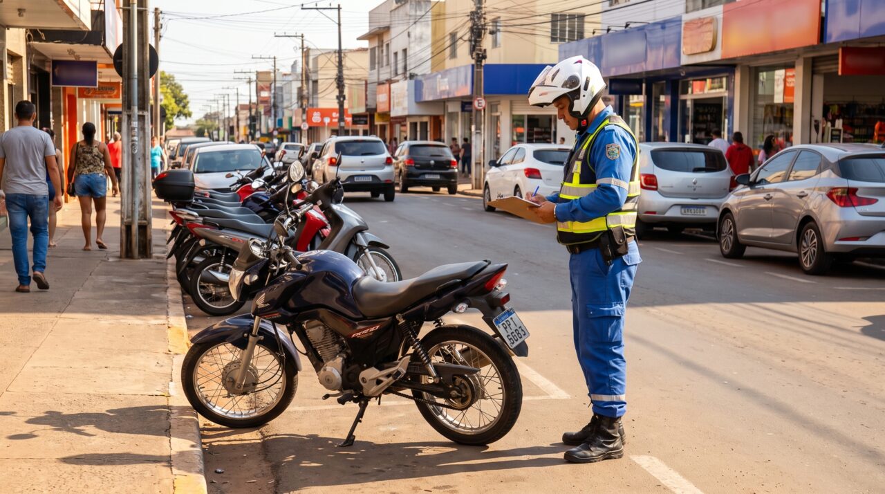 Motociclista estaciona a moto paralela ao meio-fio, do jeito que estacionaria um carro, e descobre que o CTB manda fazer exatamente o contrário