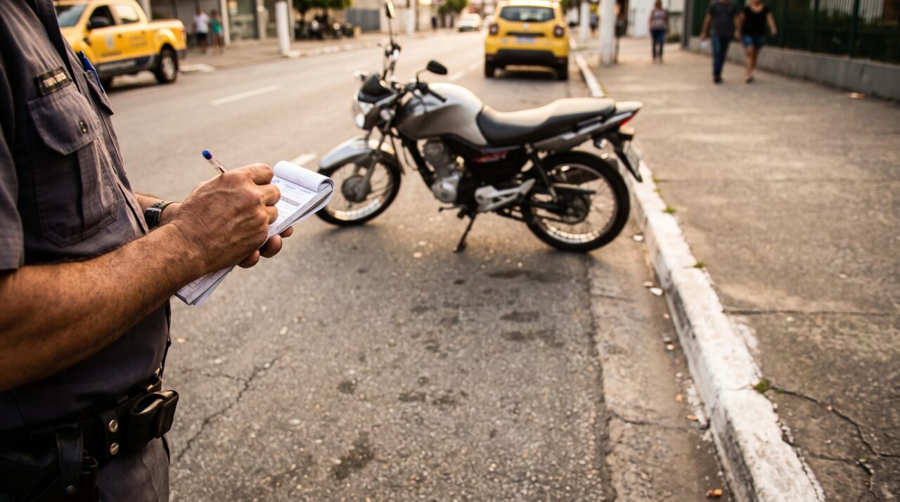 Motociclista estaciona a moto paralela ao meio-fio, do jeito que estacionaria um carro, e descobre que o CTB manda fazer exatamente o contrário