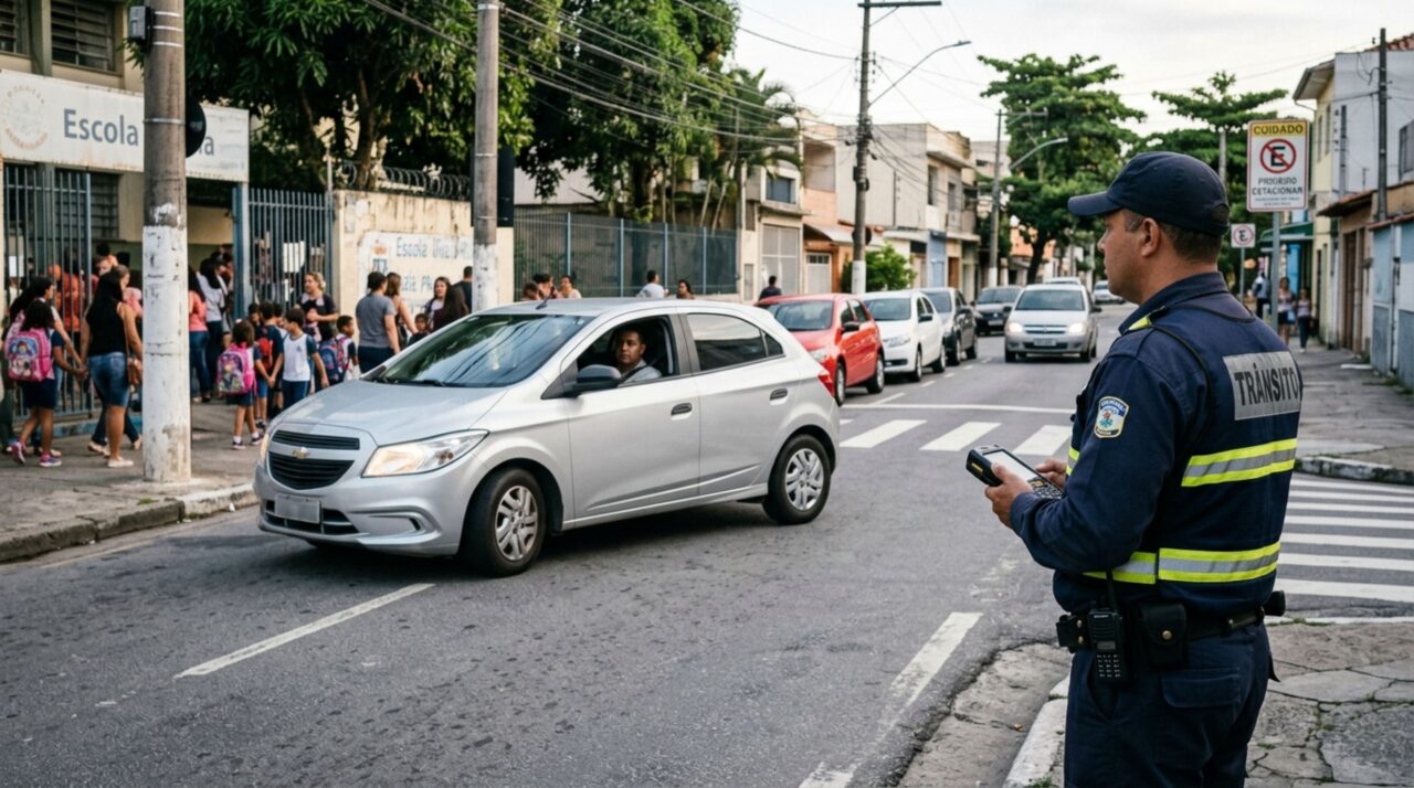 Pai estaciona em fila dupla diante da escola para buscar a filha, acredita que permanecer dentro do carro evita a multa e descobre como a fiscalização diferencia parada rápida de estacionamento irregular