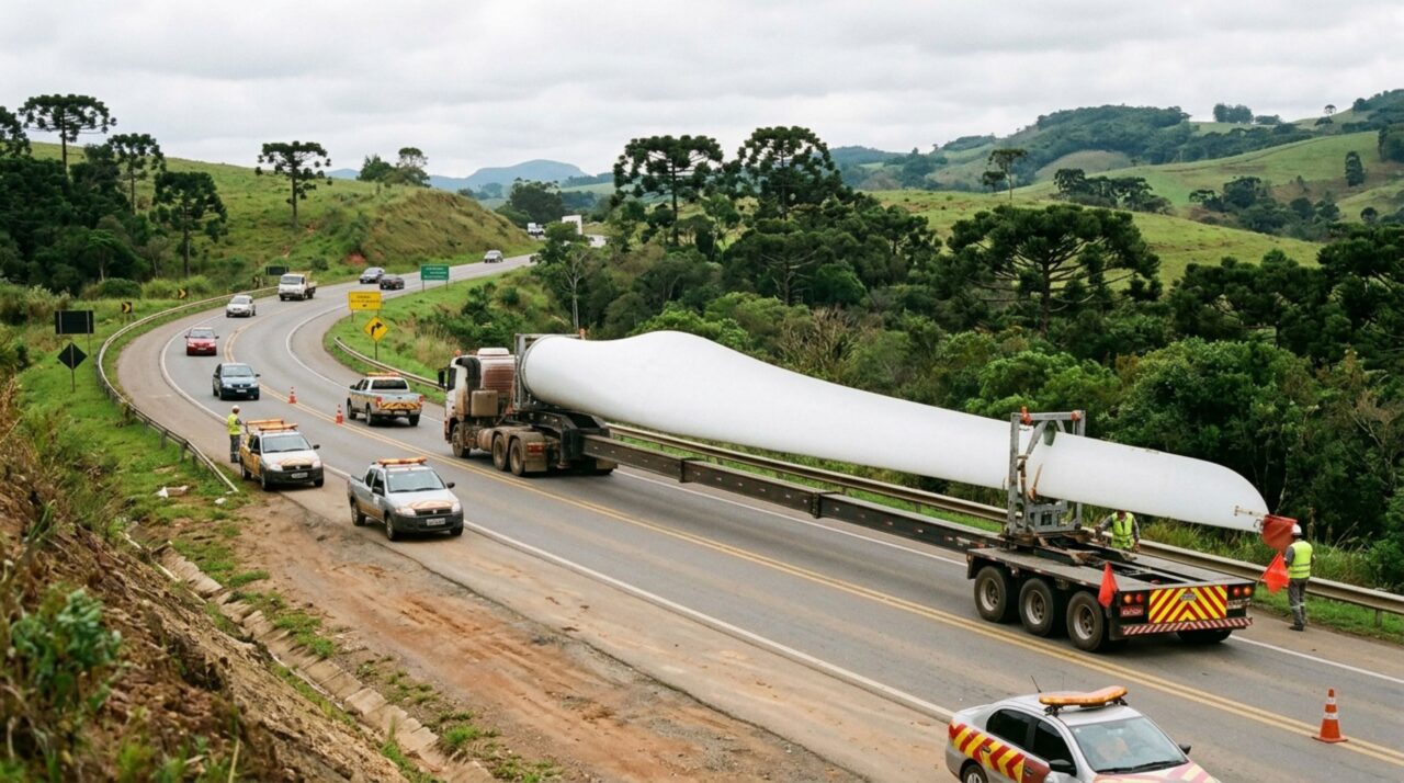 O transporte de uma pá de turbina eólica exige curvas largas e planejamento de rota antes de o caminhão sair da fábrica