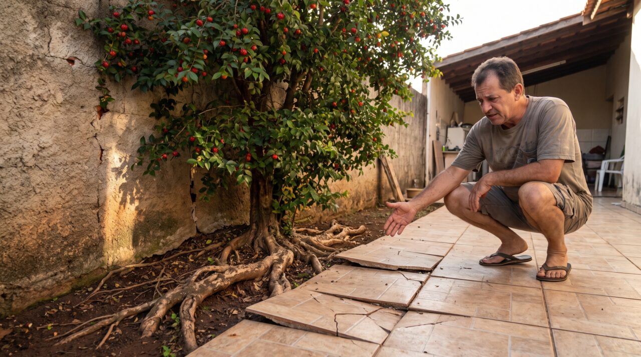 Pitangueira plantada perto do muro começa a levantar o piso anos depois e família descobre por que a distância das raízes importa antes do primeiro fruto