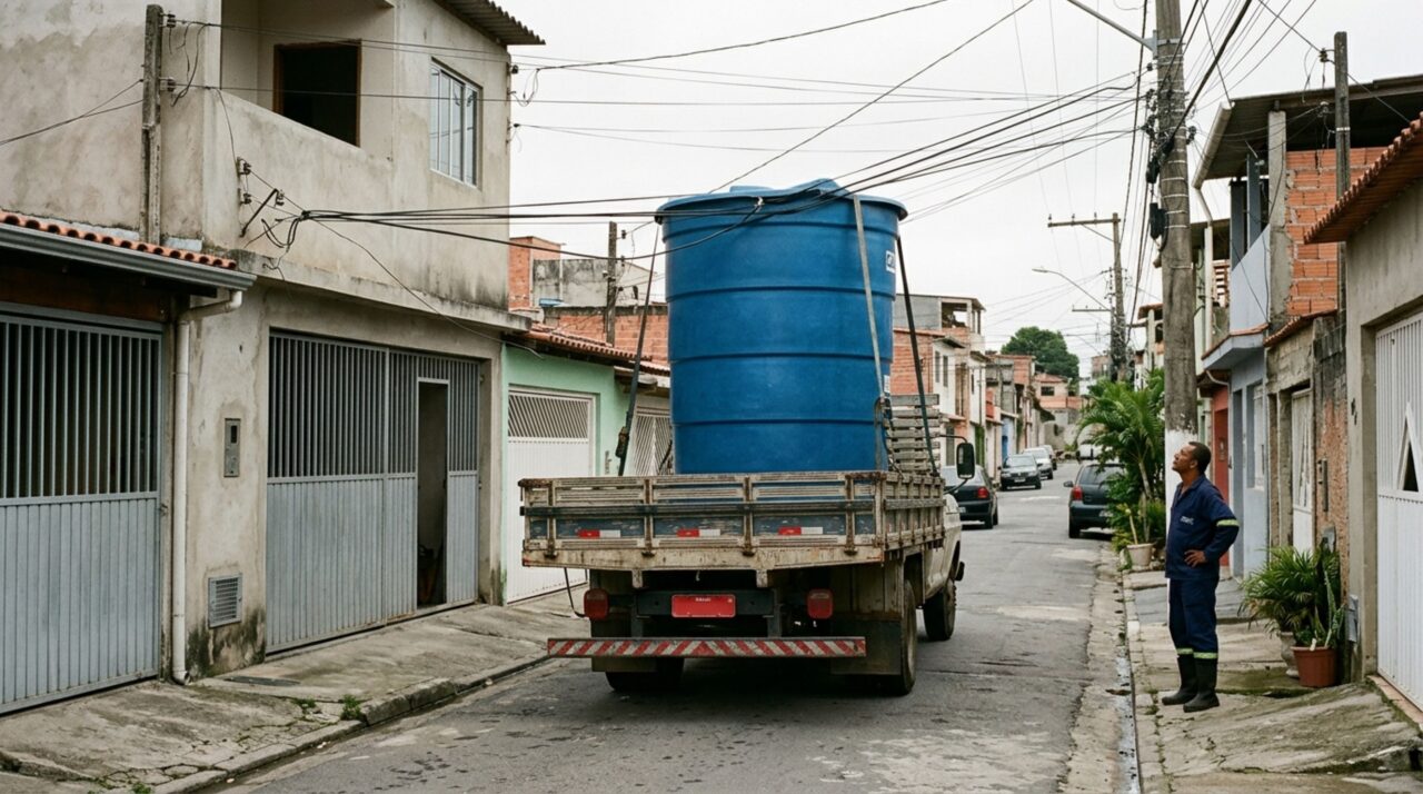 Família compra um reservatório de água para instalar sobre a garagem, caminhão da transportadora danifica os fios da casa vizinha e proprietário recebe cobrança pelo reparo, mas imagens mostram a altura da carga