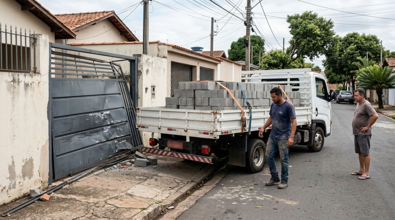 Família compra blocos de concreto para levantar um muro, caminhão da loja quebra o portão do vizinho durante a descarga e proprietário recebe cobrança pelo conserto, mas imagens mostram quem orientou a manobra