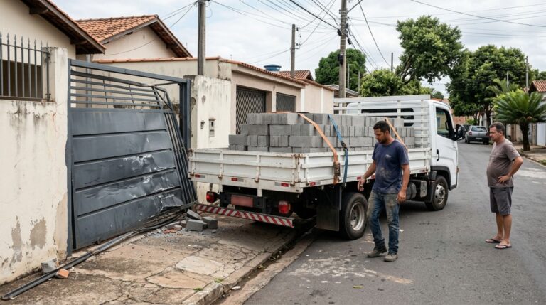 Família compra blocos de concreto para levantar um muro, caminhão da loja quebra o portão do vizinho durante a descarga e proprietário recebe cobrança pelo conserto, mas imagens mostram quem orientou a manobra