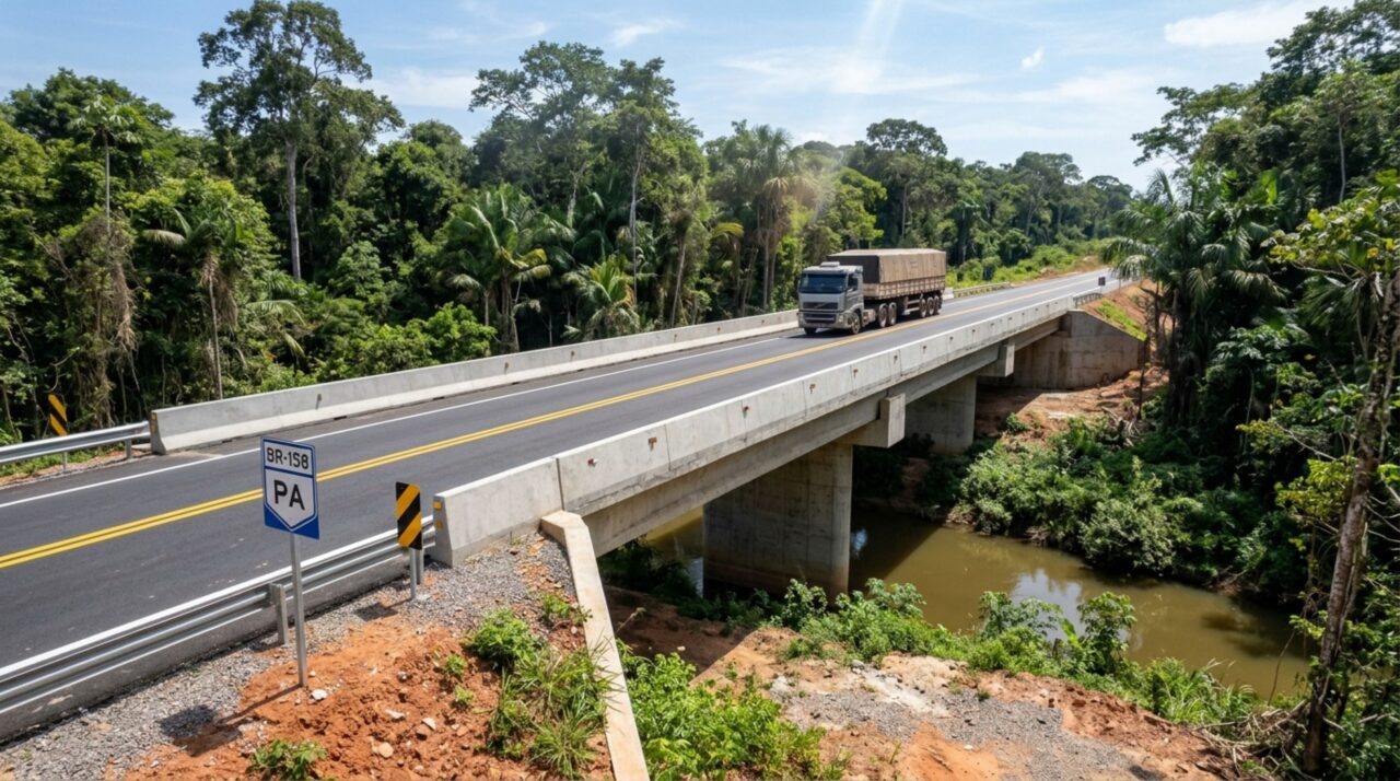 Carreta graneleira transporta soja por trecho asfaltado da BR-158, cercado por áreas agrícolas e vegetação verde no interior do Pará