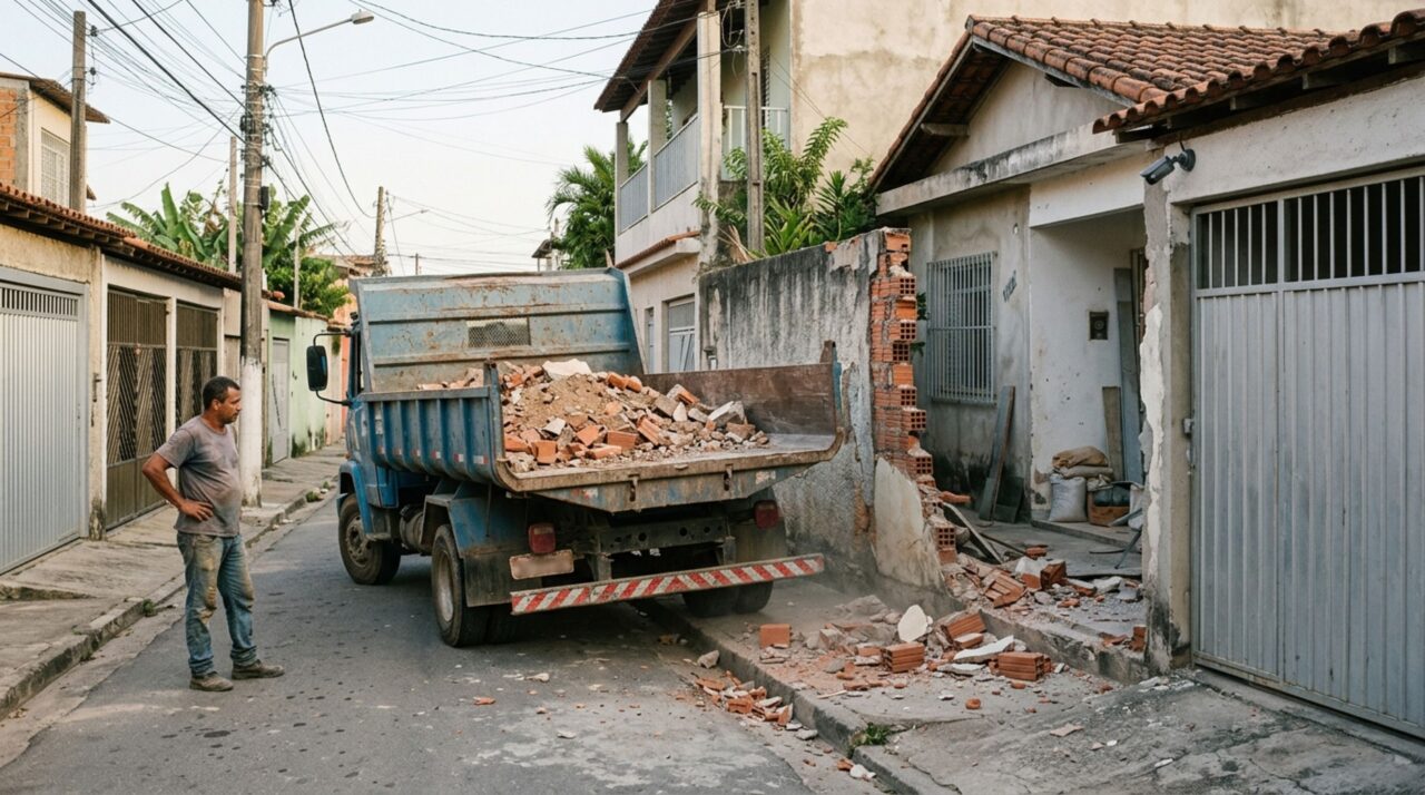 Família contrata um caminhão para retirar entulho da reforma, motorista derruba parte do muro do vizinho durante a manobra e proprietário recebe cobrança pelo reparo, mas câmeras mostram como ocorreu a colisão