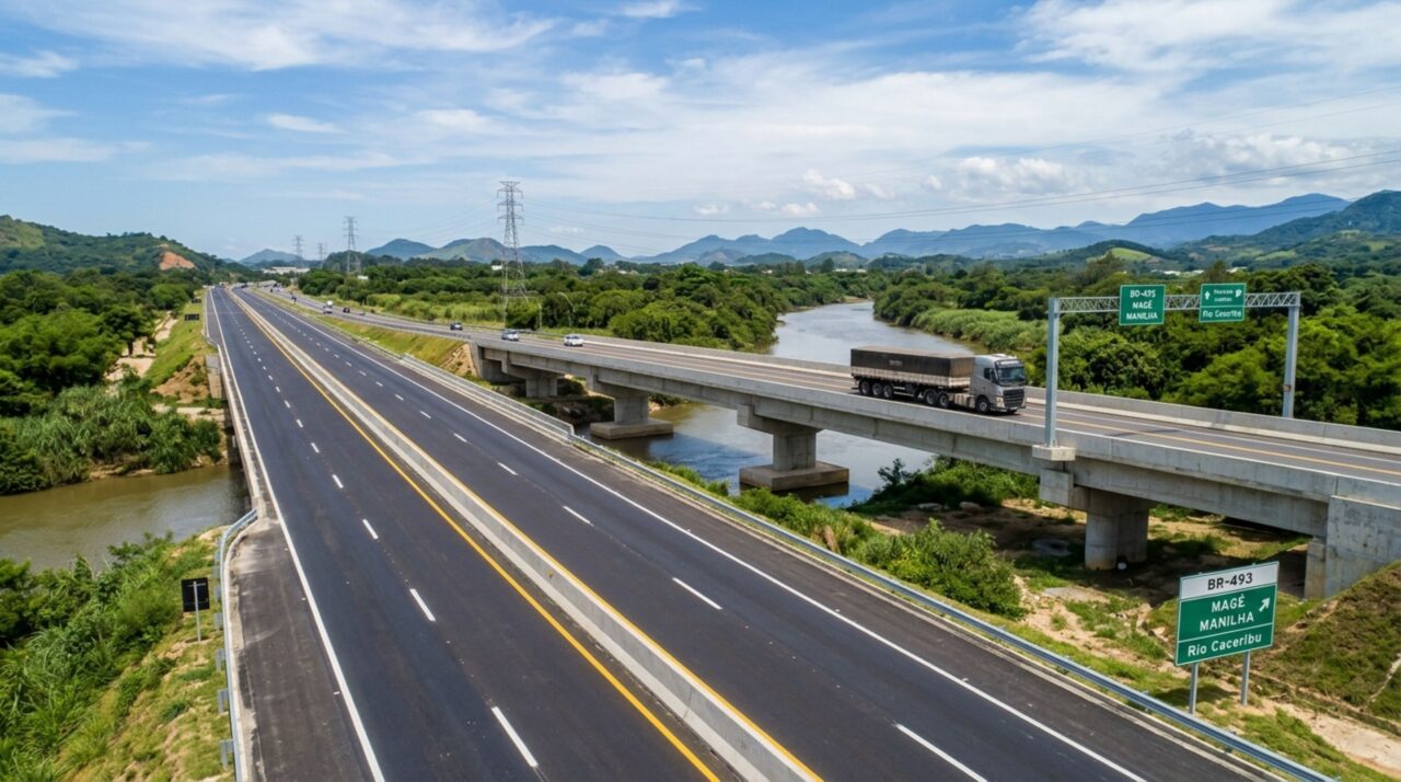 Caminhão atravessa nova ponte de concreto sobre o Rio Caceribu, em trecho duplicado da BR-493 entre Magé e Manilha, no Rio de Janeiro