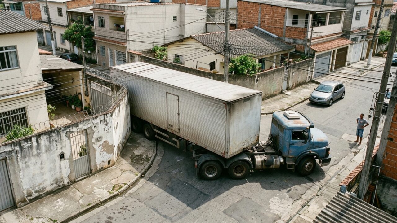 Uma carreta entra na rua para entregar materiais de construção e derruba parte do pilar da casa da esquina ao tentar fazer o retorno no fim da descarga