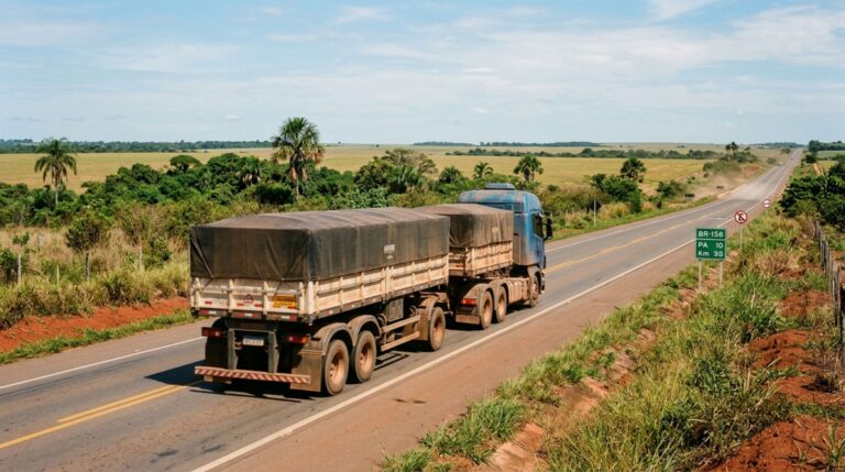 Caminhão de carga atravessa ponte de concreto recém-construída na BR-158, no Pará, sobre igarapé cercado por vegetação tropical