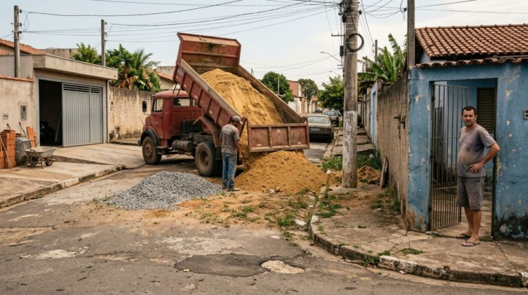 Família encomenda areia e brita para reformar a garagem, descobre que o caminhão descarregou tudo no terreno ao lado e recebe uma cobrança para retirar o material, mas o pedido de compra registra um endereço diferente daquele usado pelo motorista