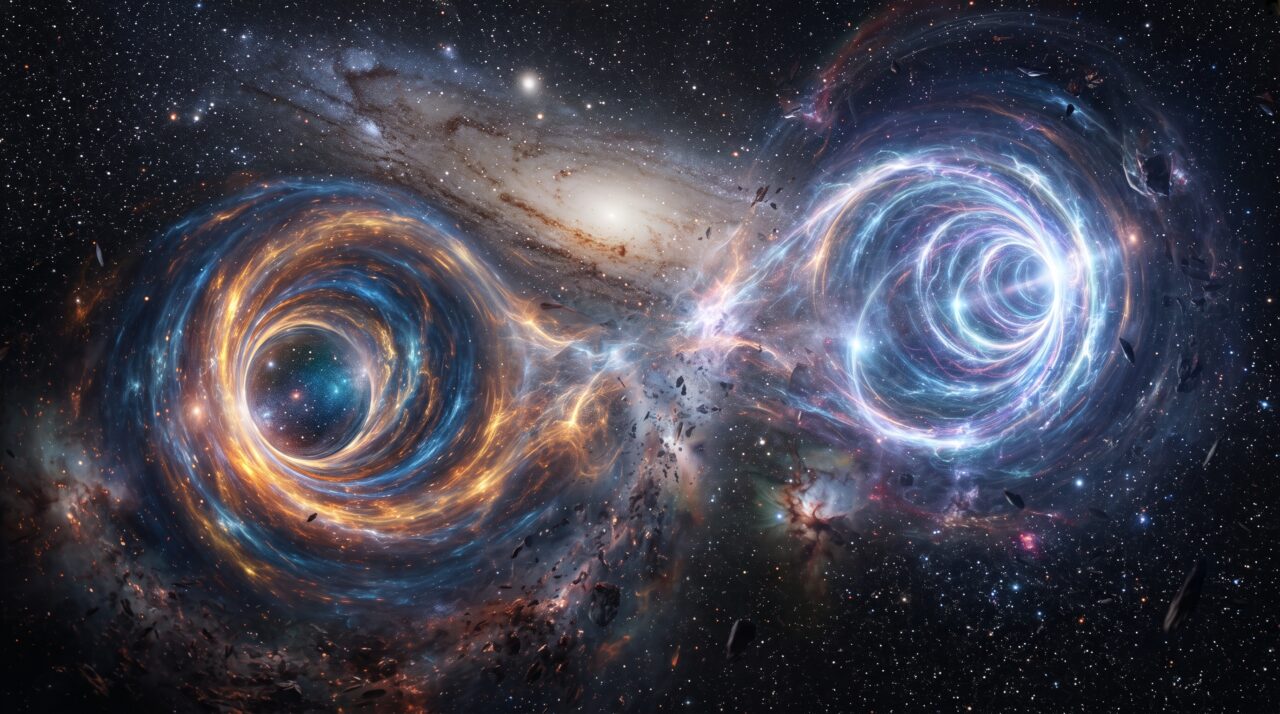 Simulações de física teórica sobre a colisão espacial entre buracos de minhoca.