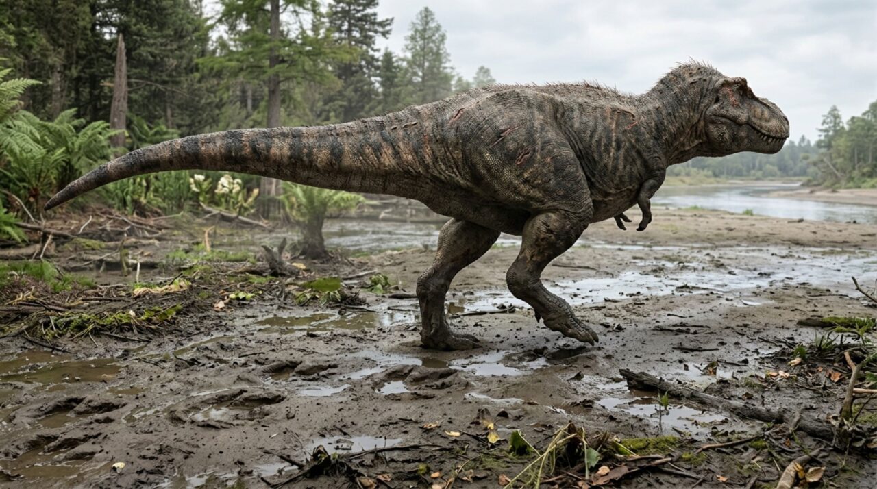 Quatro pegadas gigantes ficaram alinhadas por 66 milhões de anos, formando a primeira trilha atribuída a um T. rex adulto
