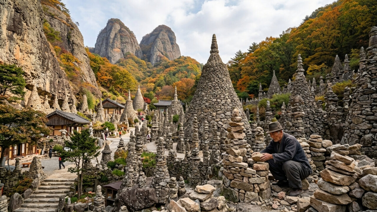 Um homem passou 30 anos sozinho nas montanhas empilhando pedras e constrói mais de 80 torres de até 15 metros que desafiam o tempo