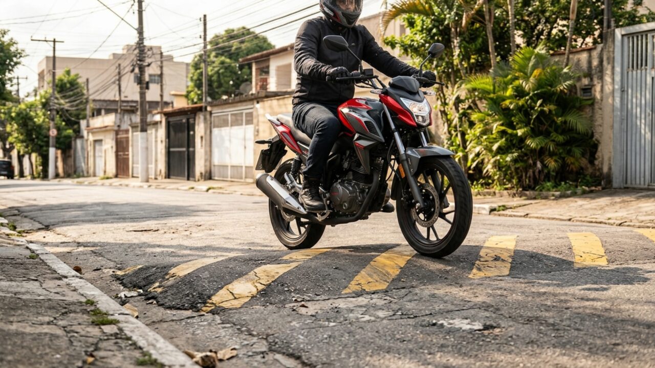 Uma moto de 150 cilindradas consegue transportar até 150 kg entre ocupantes e bagagens, oferece 215 mm de altura livre do solo e mantém câmbio de cinco marchas