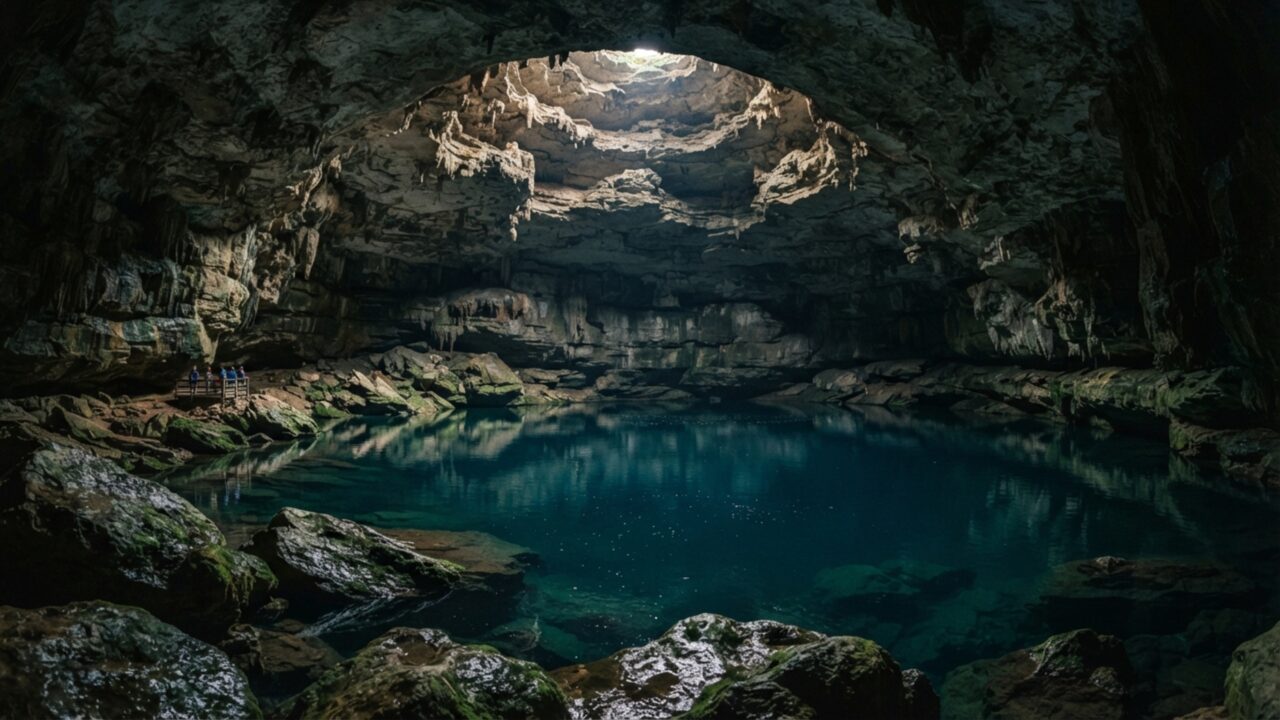 O buraco aberto no meio de uma floresta que permite enxergar um lago subterrâneo formado quando o teto de uma enorme caverna desabou
