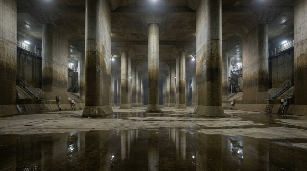 O túnel sob a cidade que só começa a trabalhar quando rios ameaçam transbordar e uma câmara subterrânea recebe milhões de litros