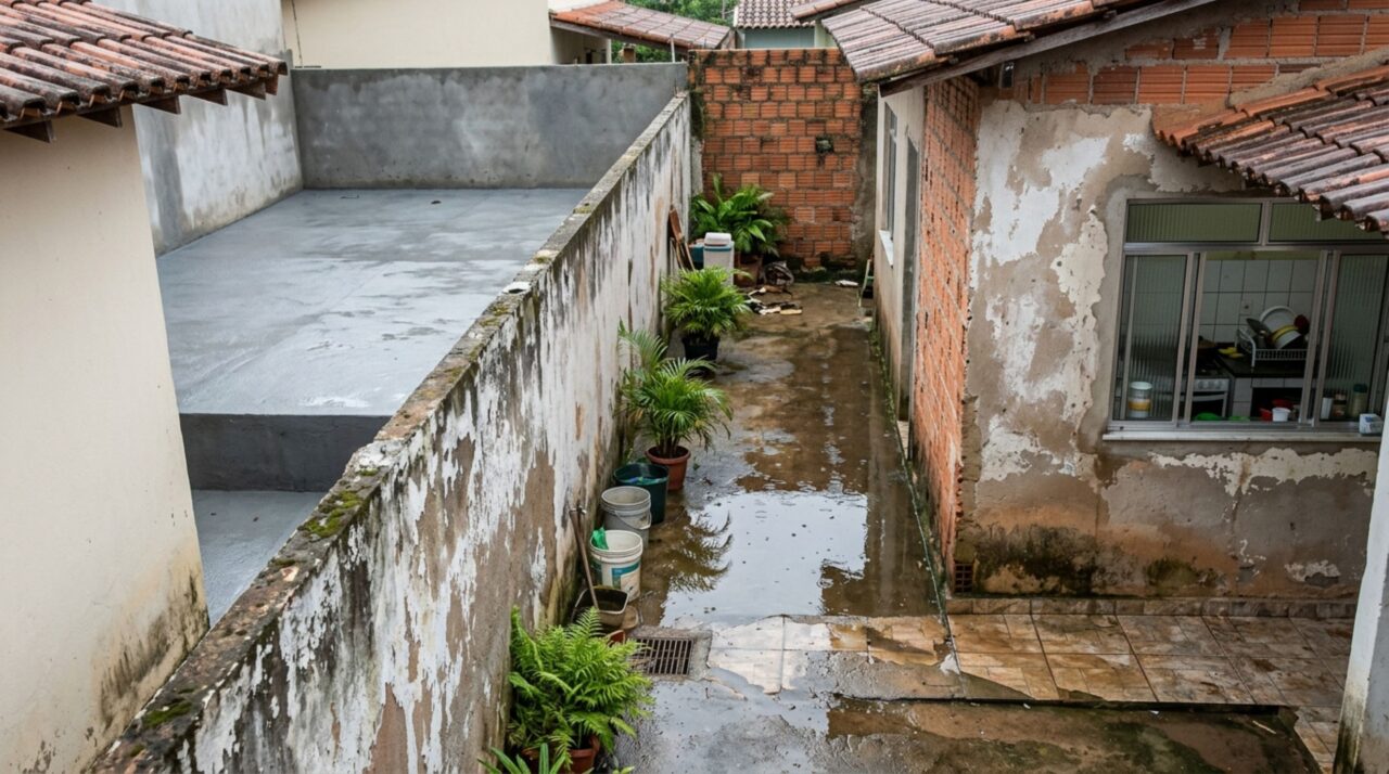 Proprietário eleva o nível do quintal para evitar alagamentos durante as chuvas, e casal que mora ao lado percebe que a água começa a se acumular junto à parede da cozinha