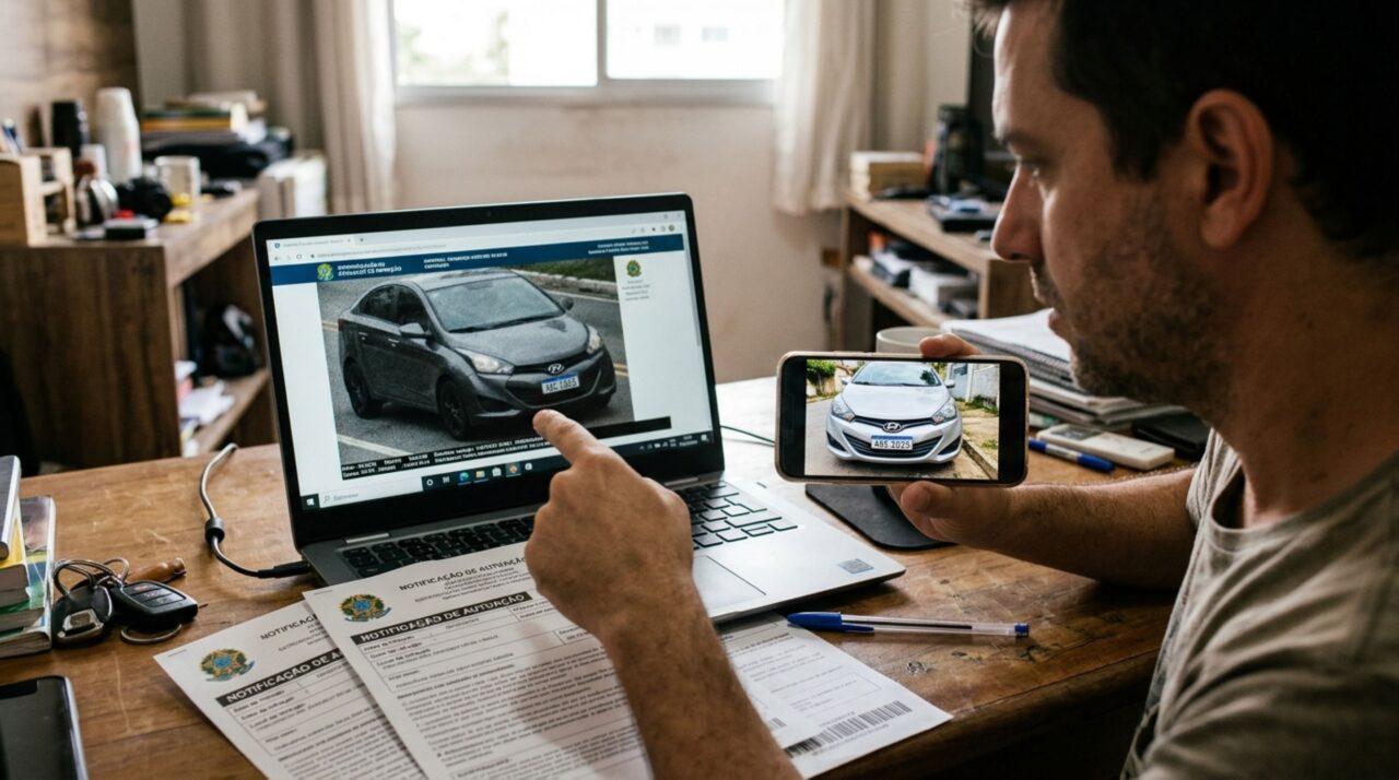 Proprietário recebe três multas de trânsito em uma cidade onde nunca esteve, acredita que houve erro na leitura da placa e começa a reunir documentos, mas as imagens das infrações mostram outro carro usando a mesma identificação do seu veículo