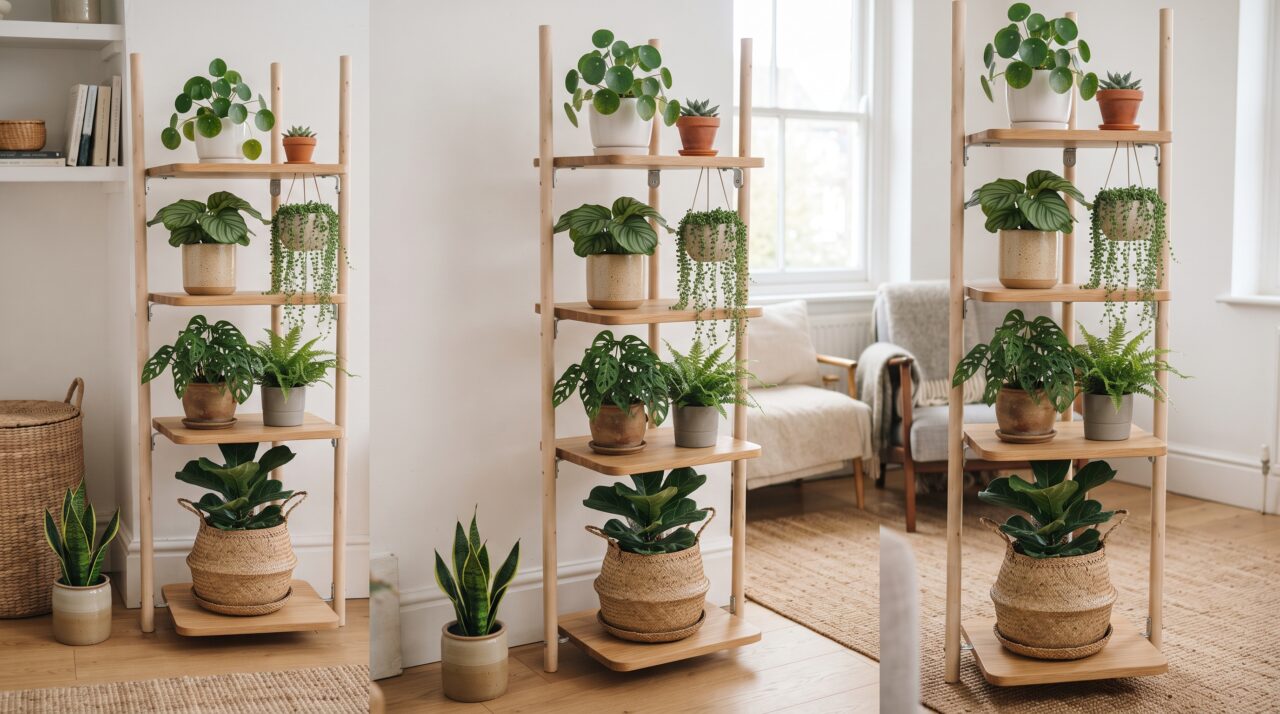 Como transformar cabos de vassoura velhos e tábuas esquecidas em um suporte vertical moderno para as suas plantas com cara de loja de design escandinavo