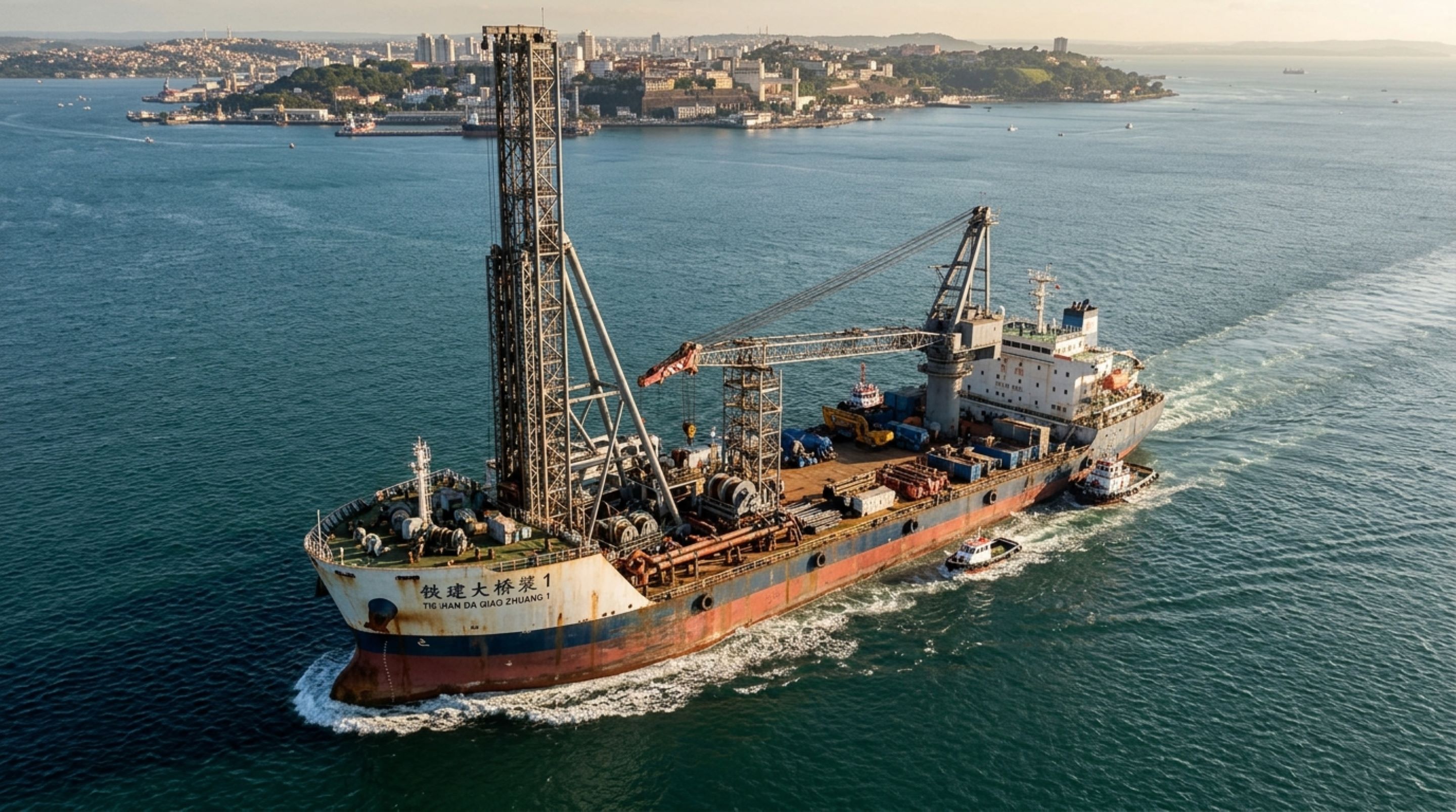 Navio de 130,5 metros cruza o oceano para trabalhar em águas de até 64 metros na construção de uma ponte brasileira de 12,4 km sobre o mar