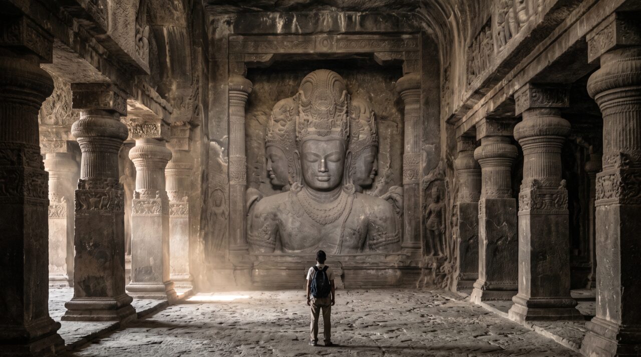 Uma ilha perto de Mumbai esconde salões escavados na rocha e um relevo monumental de Shiva que domina a caverna principal