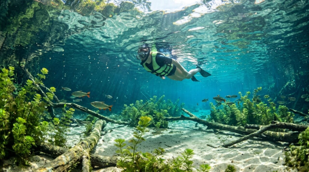 Flutuação de aproximadamente 1.800 metros permite observar peixes e plantas subaquáticas nas águas transparentes do Rio Sucuri