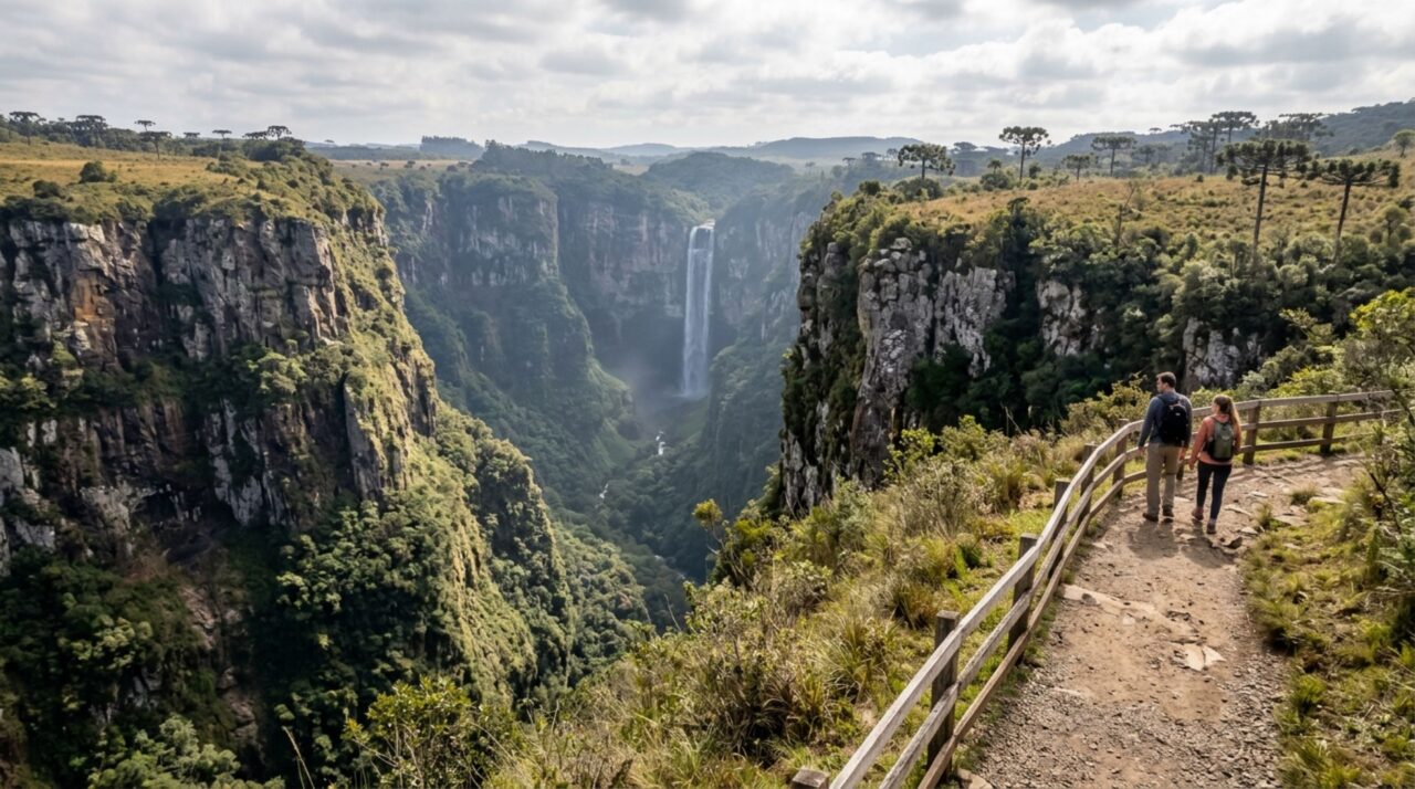 Trilhas e mirantes do Itaimbezinho permitem observar cachoeiras, formações vulcânicas e paisagens preservadas dos Aparados da Serra