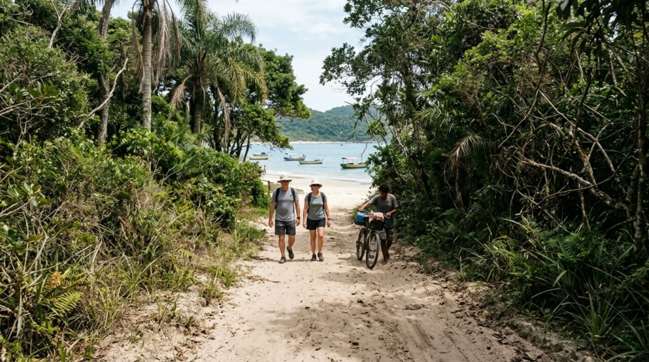 Trilhas entre praias e comunidades substituem as ruas convencionais na Ilha do Mel, favorecendo a circulação de pedestres e ciclistas