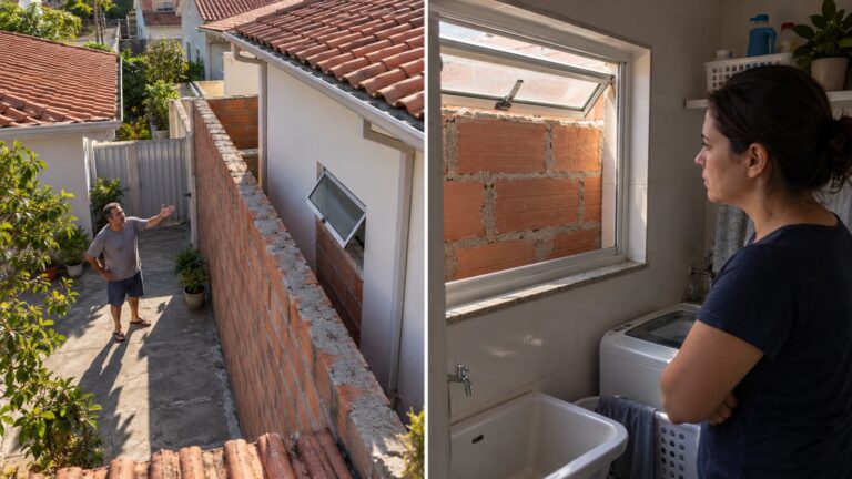 Vizinho aumenta o muro para ganhar privacidade e deixa a única janela de uma lavanderia diante de uma parede de tijolos