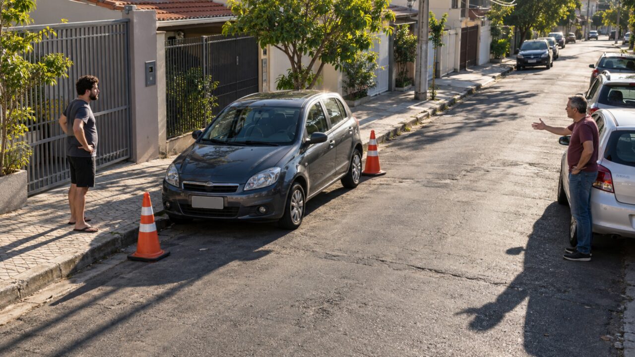 Vizinho coloca cones para guardar uma vaga diante de casa e a discussão começa quando outro morador afasta os objetos para estacionar