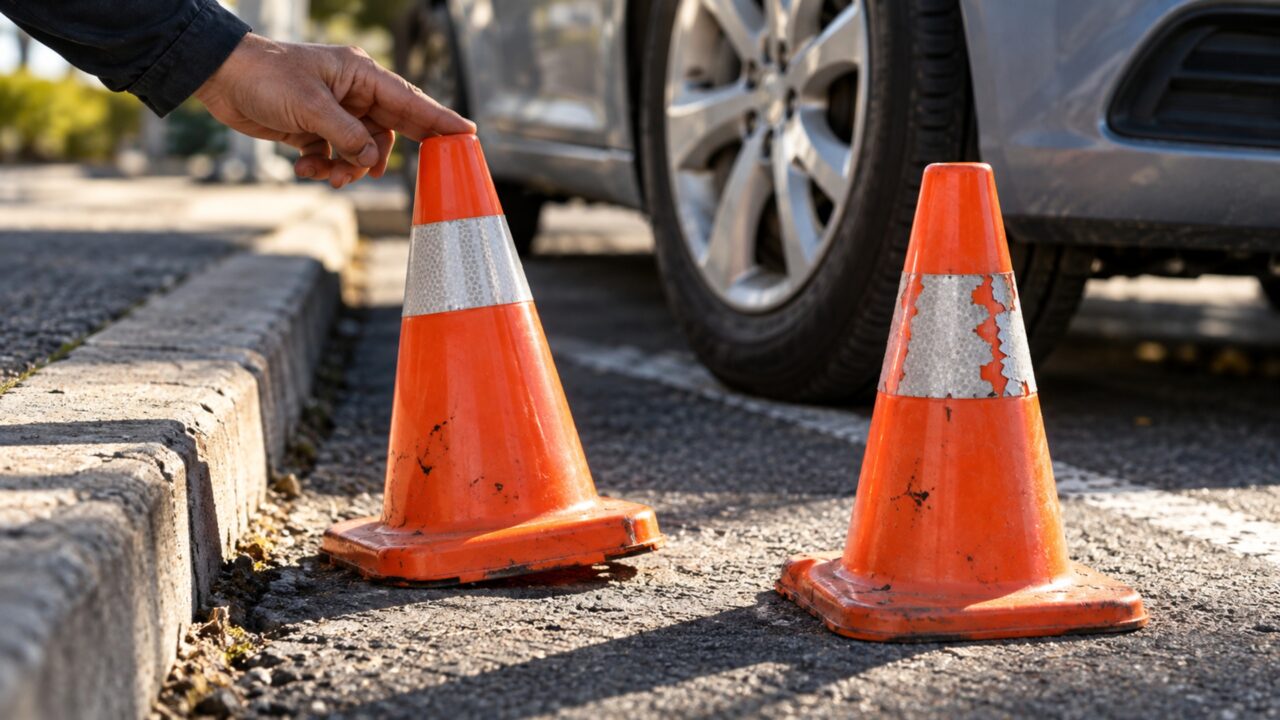 Vizinho coloca cones para guardar uma vaga diante de casa e a discussão começa quando outro morador afasta os objetos para estacionar