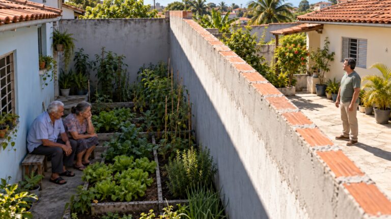 Vizinho eleva o muro para ter mais privacidade e casal de idosos percebe que a pequena horta cultivada há anos deixa de receber sol durante boa parte da manhã