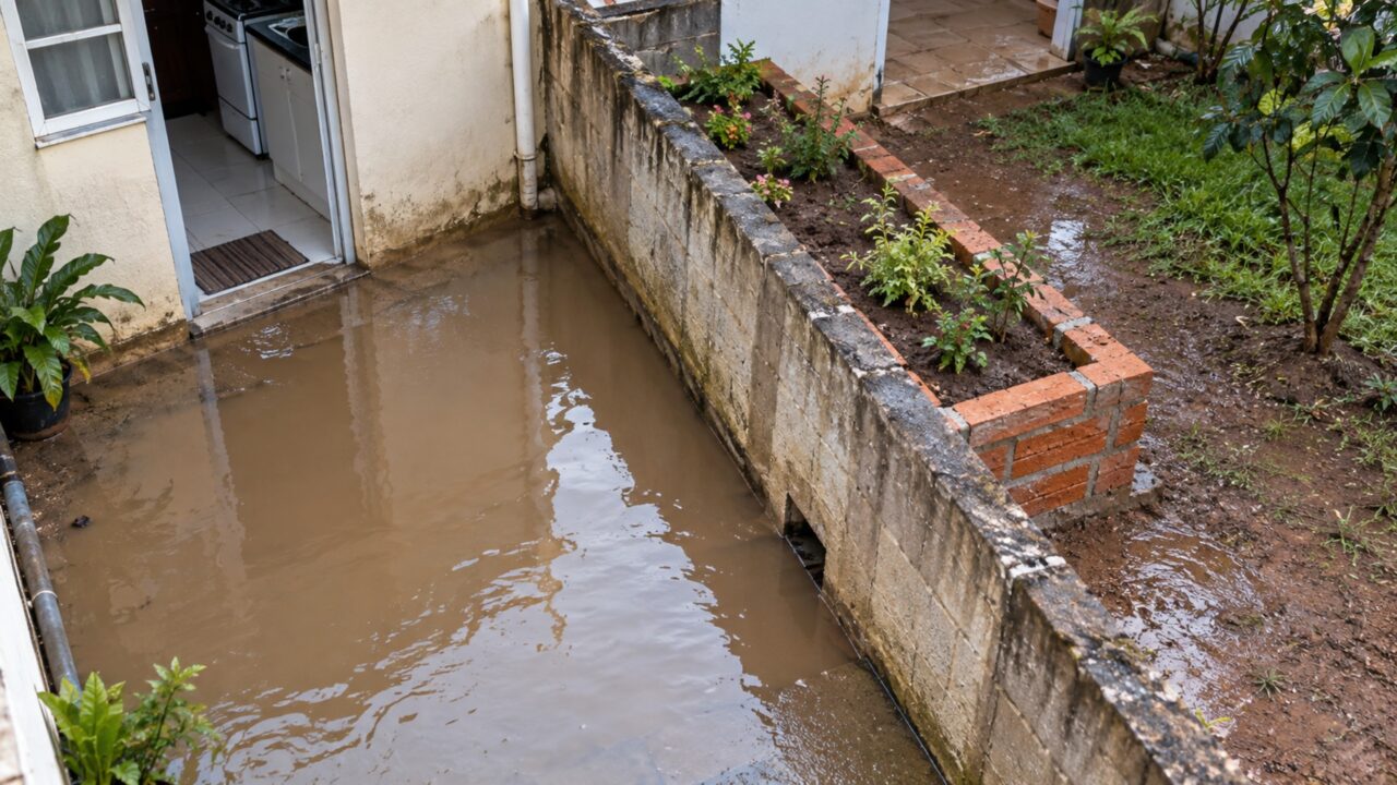 Vizinho levanta um canteiro junto ao muro para plantar flores e na primeira chuva a água fica represada diante da porta da cozinha da casa ao lado