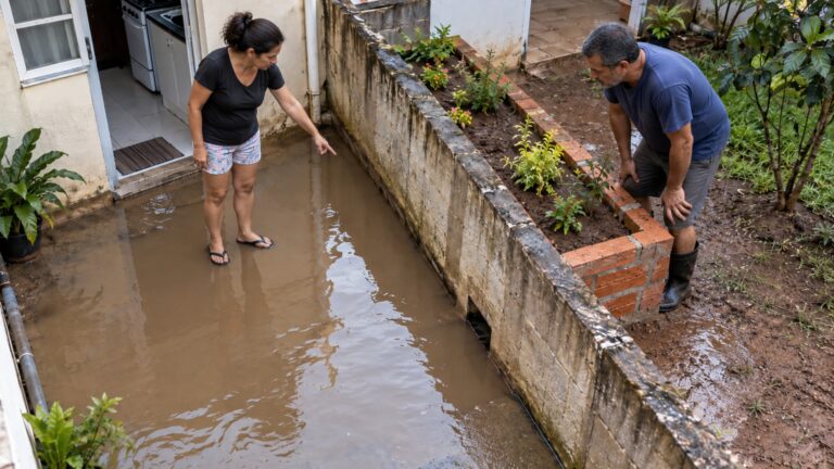 Vizinho levanta um canteiro junto ao muro para plantar flores e na primeira chuva a água fica represada diante da porta da cozinha da casa ao lado