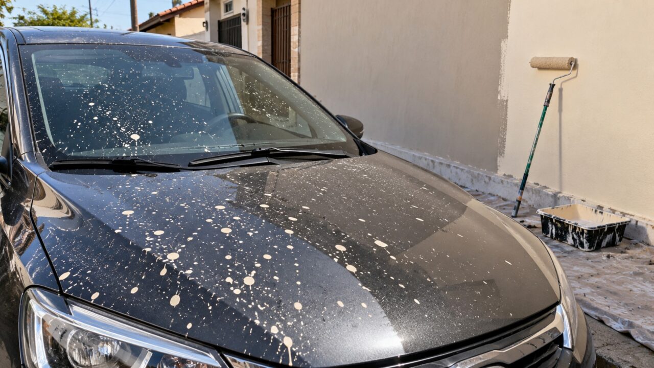 Vizinho manda pintar a fachada e morador encontra o carro coberto de respingos, mas o pintor afirma que pediu para retirarem o veículo antes do serviço