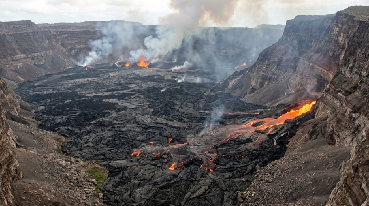 Uma camada de lava nova avançou pelo chão do Kīlauea: equipe desceu ao Halemaʻumaʻu para coletar material recém-erupcionado perto da parede da cratera