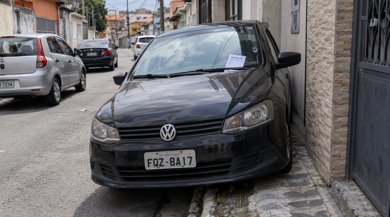 Morador estaciona com duas rodas em cima da calçada para não atrapalhar o trânsito de rua estreita e é multado por bloquear a passagem de pedestres