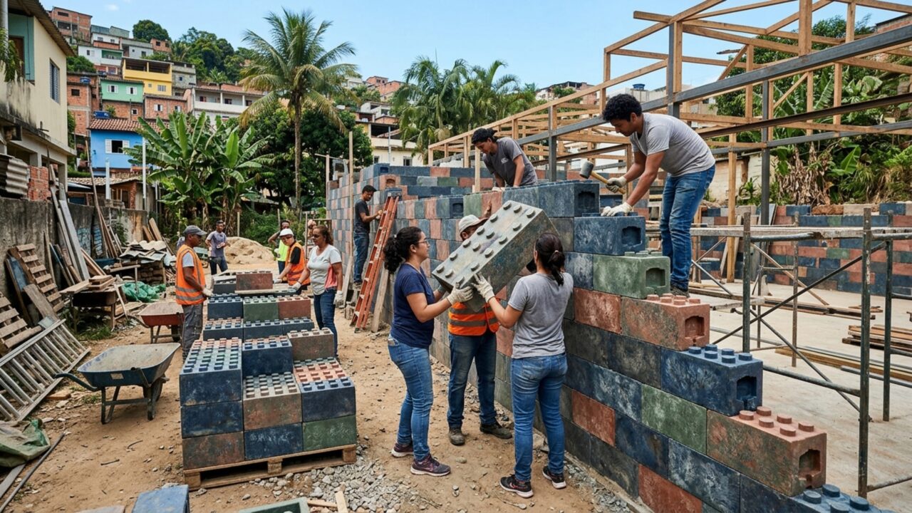 Homem transformou milhares de embalagens descartadas em blocos de construção e acabou usando o material para erguer um espaço comunitário inteiro
