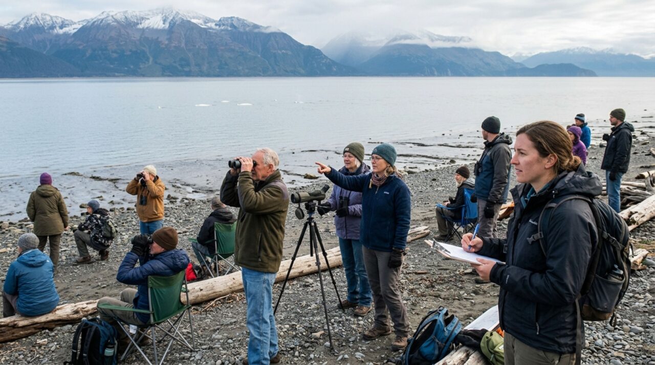 Voluntários e cientistas participaram do Belugas Count! para observar as baleias ameaçadas de Cook Inlet