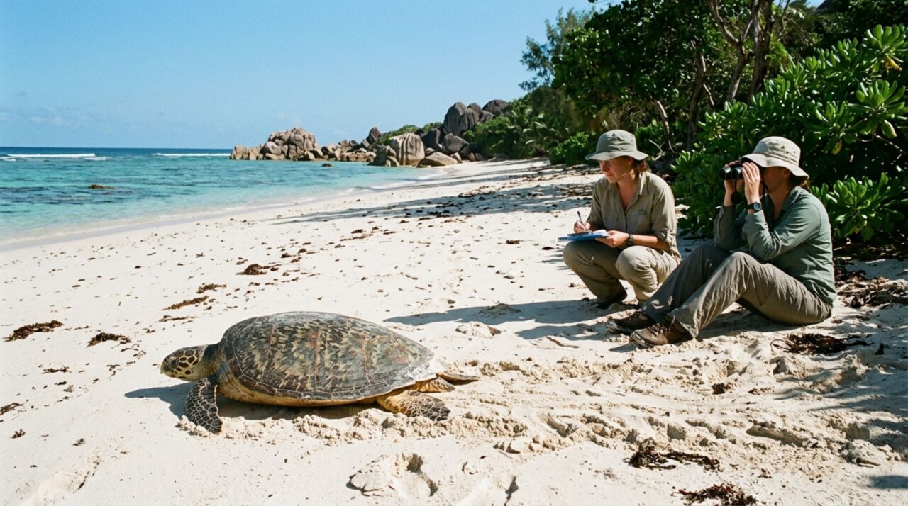 Uma equipe de voluntários monitora ninhos de tartarugas em uma ilha remota e registra dados que ajudam a acompanhar a temporada